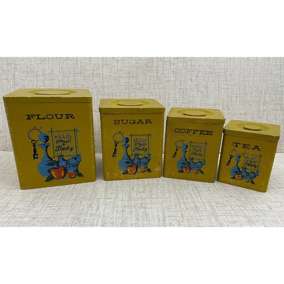 Set of kitchen canisters, wood dovetailed canisters set, olive / lime green, blu - Picture 1 of 9